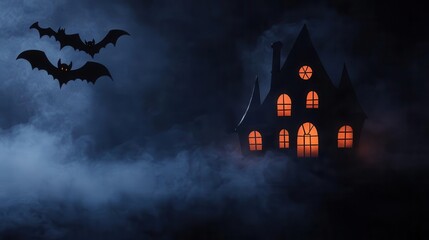 An eerie haunted house shrouded in fog with glowing windows, surrounded by flying bats under a dark, spooky sky.