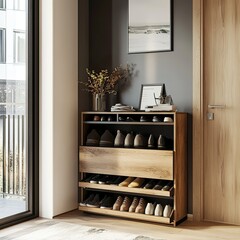 Modern shoe cabinet in a hallway, neatly organized with various pairs of shoes displayed, showcasing functionality and style