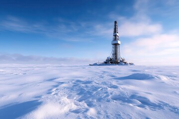 An oil rig standing tall in a vast, snowy landscape under a clear blue sky, showcasing the harsh conditions of Arctic exploration.