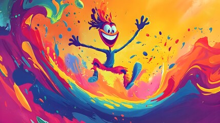 Obraz premium Energetic and Celebratory of a Joyful Character in a Surreal Landscape