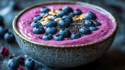 A vibrant and nutritious smoothie bowl topped with blueberries, nuts, and seeds, designed for a brain-boosting breakfast.