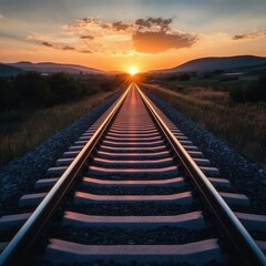 Obraz premium Railroad track stretching into the horizon, with a sunset casting warm light on the rails and the surrounding landscape
