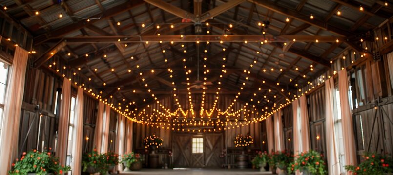 Guests revel in joyful dancing inside a cozy barn adorned with twinkling string lights