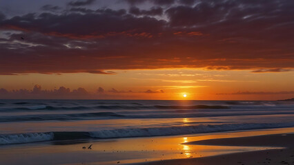 Golden Sunset Over the Tranquil Sea, Illuminating the Beach with Warm Hues and Creating a Serene Coastal Vista