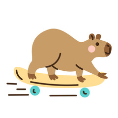 Cute capybara on skateboard. Hand drawn vector illustration. Funny animal isolated on white. Naive childish design. Cool comic character, kids poster, card, social media banner.