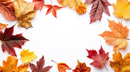 frame of colorful autumn leaves isolated on white background with generative ai