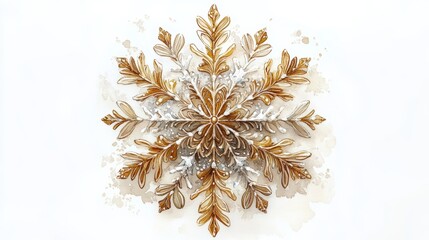 Elegant snowflake design with intricate golden and silver leaves, suitable for winter themes and festive decorations.