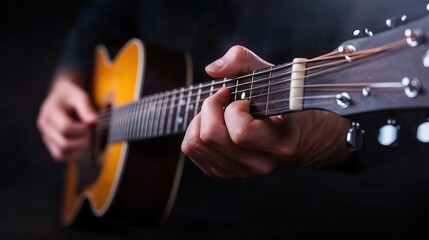 Obraz premium Close-up of a person playing an acoustic guitar, highlighting fingers pressing strings and intricate wood details, evoking musical passion.