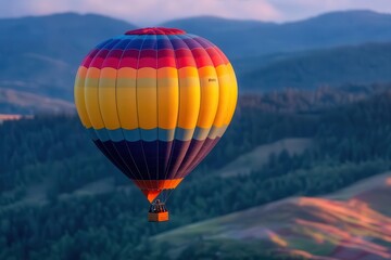 Obraz premium Colorful hot air balloon soaring over scenic mountains during a picturesque sunset, capturing the essence of adventure and freedom.