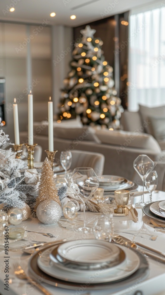 Poster a beautifully decorated christmas table with a large tree in the background