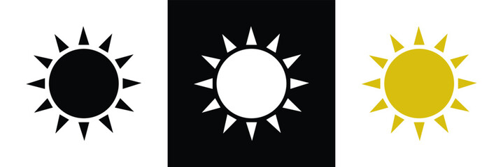 Sun icons set, sunshine and solar glow, sunrise or sunset. Decorative circle full and half sun and sunlight. Hot solar energy for tan. sun icon on white background in eps 10.