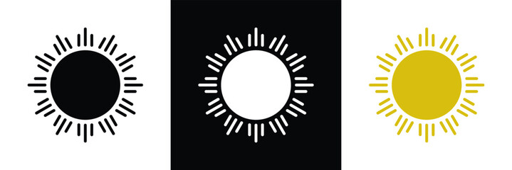 Sun icons set, sunshine and solar glow, sunrise or sunset. Decorative circle full and half sun and sunlight. Hot solar energy for tan. sun icon on white background in eps 10.