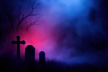 Eerie graveyard shrouded in colorful mist, featuring gravestones and a bare tree silhouette against a haunting backdrop.