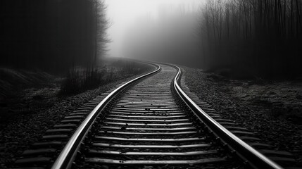 Fototapeta premium Eerie fog envelops a winding railway track, creating a mysterious atmosphere in a dense forest setting.