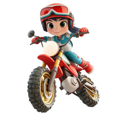 Obraz premium 3D cartoon of a girl Moto rider doing a trick on his motorbike, against a solid white background