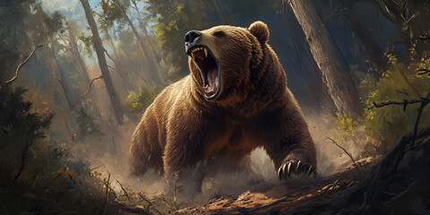 Roaring bear in forest