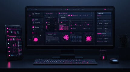 Obraz premium Modern Dark Desk with Computer Monitor Tablet Keyboard and Mouse with Pink and Blue Interface