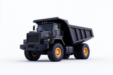 Heavy-duty dump truck designed for construction and mining, featuring a robust build and striking black color.