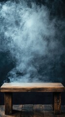 Empty Wooden Table with Smoke Floating Up on Dark Background