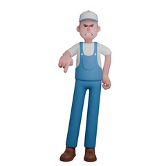 Illustrative 3D Male Mechanic. A mechanic with a stern expression, wearing a blue uniform, pointing forward with a serious look and a clenched left fist. Professional