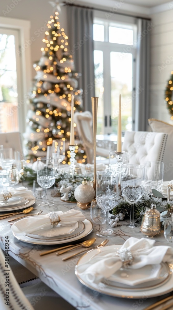 Poster A table is set for a Christmas dinner with a tree in the background