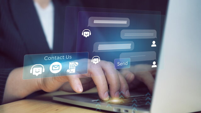 Chatbot conversation assistant.CONTACT US.Artificial intelligence and CRM software technology, customer support center,Person using online customer service with chat bot to get support.