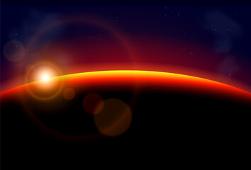 An Illustration of Cosmic Sunrise Over Earth Horizon depicts a breathtaking cosmic sunrise as viewed from space, with the sun's rays emerging over the curved horizon of Earth. The deep blues and black