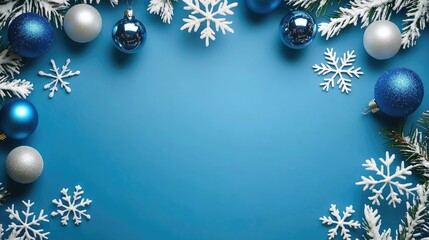 blue christmas background with snowflakes and christmas balls. Copy space backgrounds