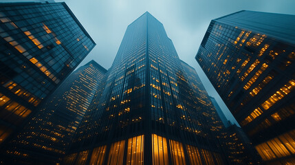 A view of a high rise glass building and a dark steel window system on a blue clear sky background. A business concept of future architecture, looking up to the sun's light on top of the building. 3D
