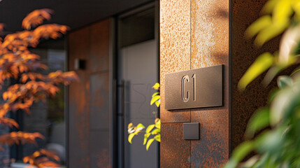 Close-up of the house's address numbers mounted on the wall, focusing on the font and material.