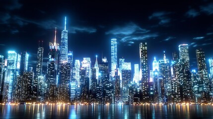 Bright city lights contrasting against the dark skyline, energetic urban scene with vibrant glow