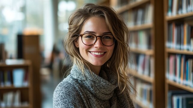 A smiling young woman with glasses, wearing a cozy sweater, is standing in a well-lit library filled with bookshelves ideal for educational content, study sessions, library promotions