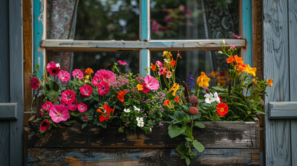 A close-up shot of a flower box attached to the window, filled with vibrant flowers, focusing on the wood and plant textures.