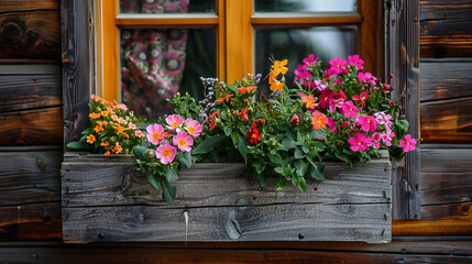 A close-up shot of a flower box attached to the window, filled with vibrant flowers, focusing on the wood and plant textures.
