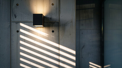 Close-up of the house's exterior lighting fixture, showing the design and the way light casts shadows on the wall.
