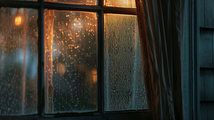 A close-up shot of a house's window with a curtain slightly open, capturing the glass texture and reflection.