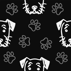 Seamless vector pattern with cute draw fluffy dogs and paws. Simple doodle style