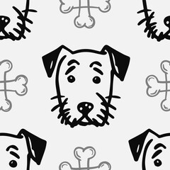 Seamless vector pattern with cute draw fluffy dogs. and dog food. Simple doodle style