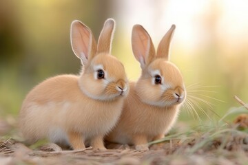 Obraz premium Two adorable rabbits perched together in a serene natural setting, capturing the essence of companionship and innocence.