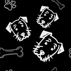 Seamless vector pattern with cute draw fluffy dogs and dog food. Simple doodle style