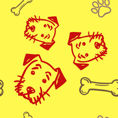 Seamless vector pattern with cute draw fluffy dogs and dog food. Simple doodle style