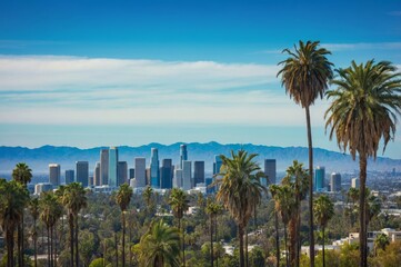 Fototapeta premium Panoramic view of los angeles skyline with palm trees