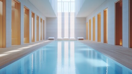 Fototapeta premium Serene Indoor Pool: Tranquility awaits in this minimalist indoor pool design. Sunlight streams through a high ceiling, illuminating the calm, clear water and light wood accents.