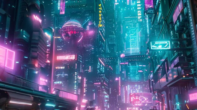 A futuristic cityscape with neon lights reflecting on a wet street, showcasing holograms and glowing signage, A futuristic cityscape with neon lights and holographic displays