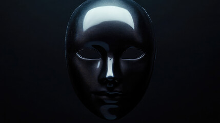 A chilling faceless mask with a smooth, eerie surface reflecting faint light, surrounded by darkness.