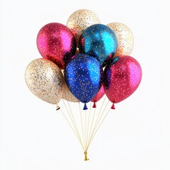 Bunch of colorful balloons with confetti isolated on white background.