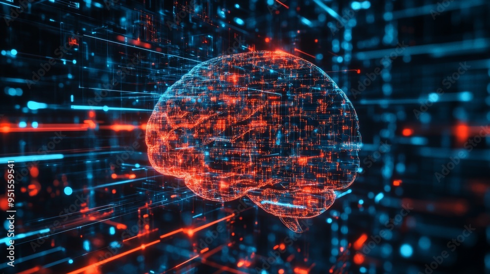 Fototapete An abstract digital representation of a brain with flowing circuits and data streams, illustrating the concept of artificial intelligence and machine learning.