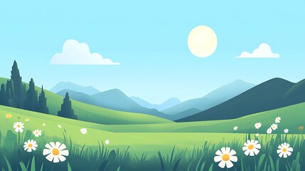 Sunny Day in a Field with Mountains in the Background