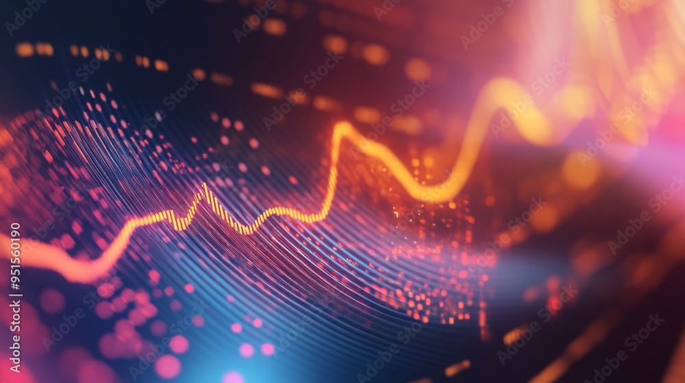Poster an abstract financial graph with dynamic curves and gradients, illustrating market trends and econom
