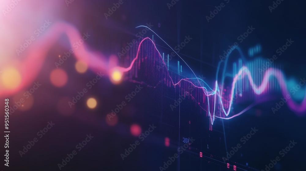 Poster An abstract financial graph with dynamic curves and gradients, illustrating market trends and economic data in a visually engaging way.